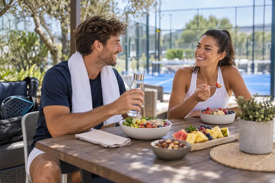 Illustrative scene of friends enjoying fresh food after padel