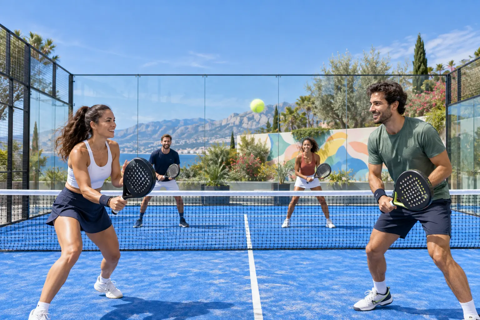 Illustrative Szene von Freunden, die neben einem farbenfrohen Wandgemälde Padel üben